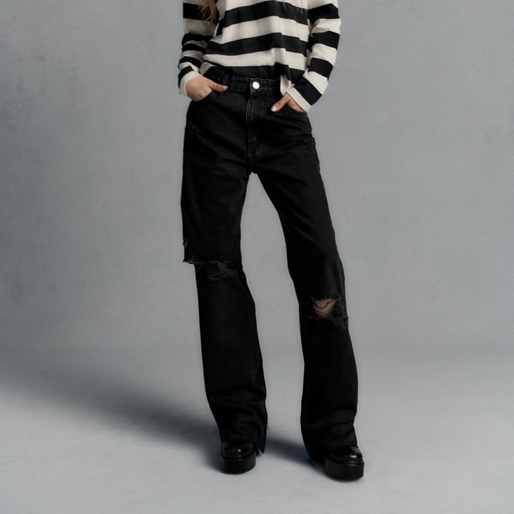 NWT Zara TRF RIPPED WIDE LEG JEANS | Black |  Sz. 31 (US 12)